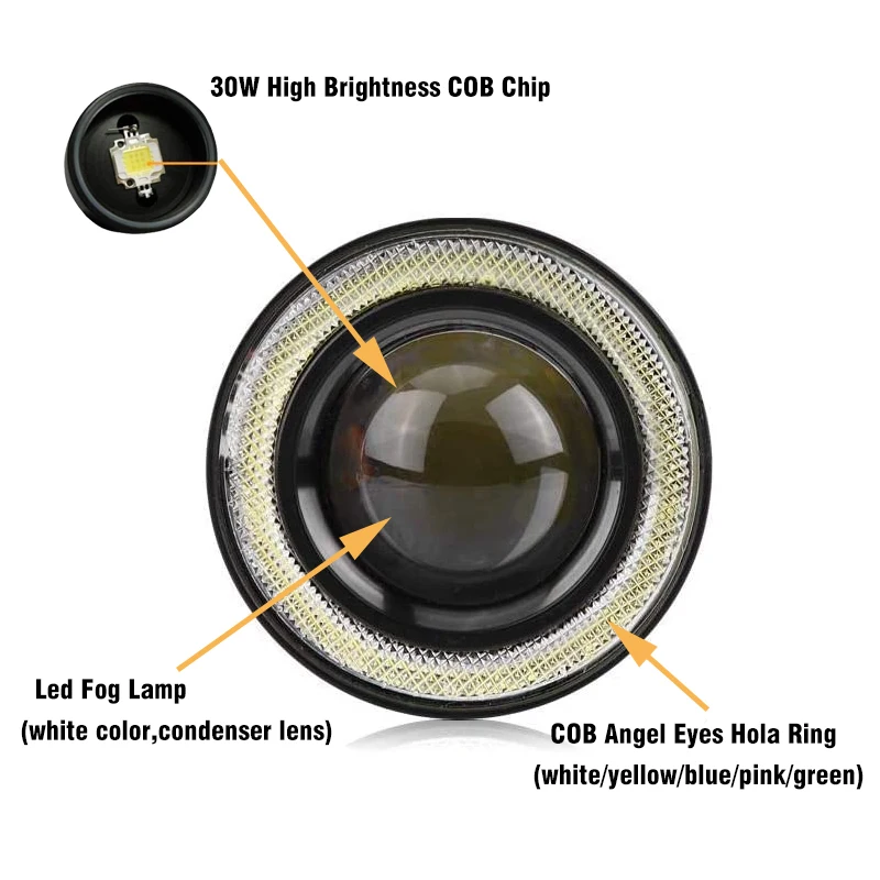 2pcs 3.0 천사 눈 안개 램프 12V 유니버설 2.5 COB LED DRL 램프 3.5 운전 조명 화이트 블루 핑크 옐로우 그린 64/76/89mm