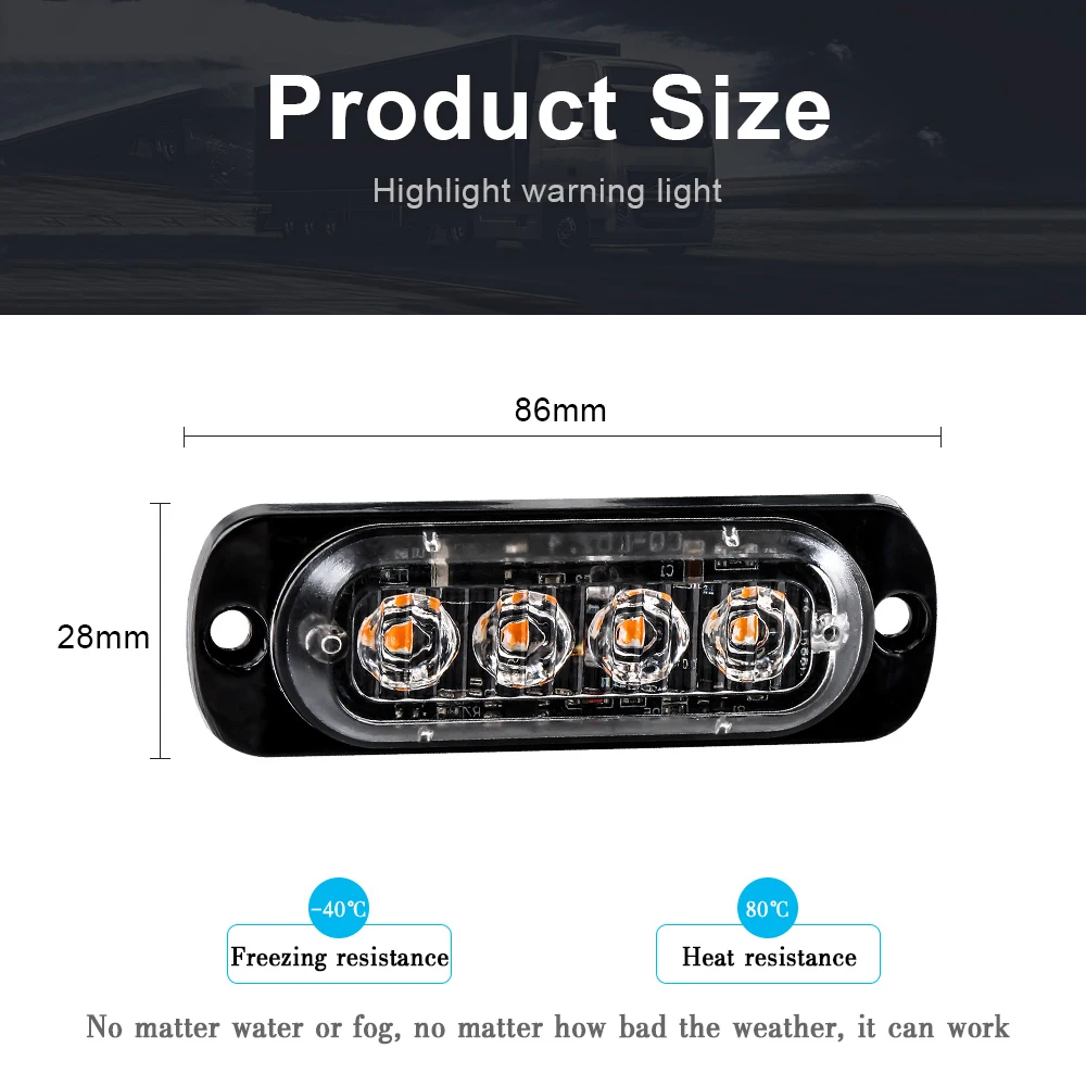 4LED 자동차 스트로브 경고등, 그릴 깜박이 고장 비상등, 12v 트럭 트레일러 경찰 비콘 램프 신호 미등