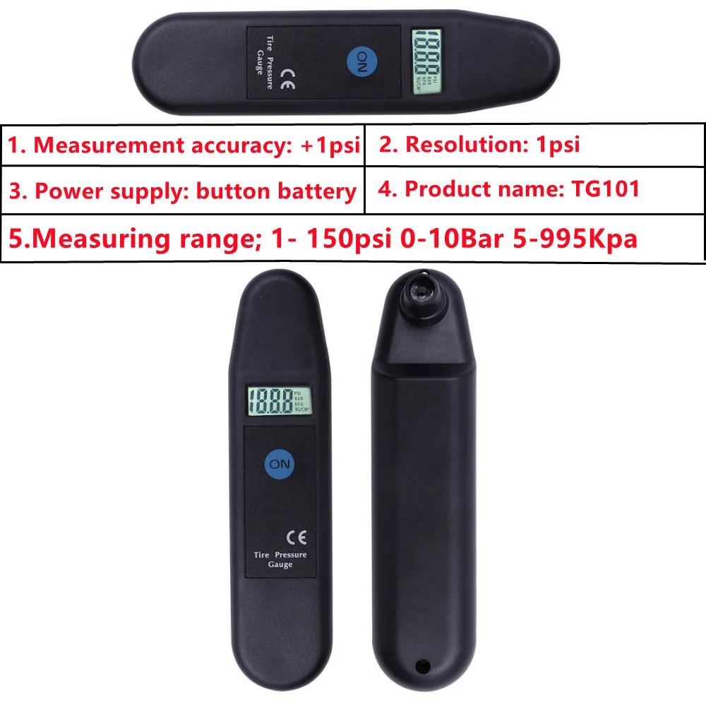 TG101 디지털 자동차 타이어 공기압 게이지 미터, LCD 디스플레이 압력계, 기압계 테스터, PSI, KPA, BAR, KG, CM2 감지기