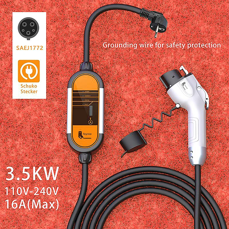 Feyree EV 휴대용 충전기 타입 2 3.5KW, 조절 가능한 전류 8, 10, 13, 16A, 타입 1 j1772, 슈코 플러그, 전기 자동차 월박스