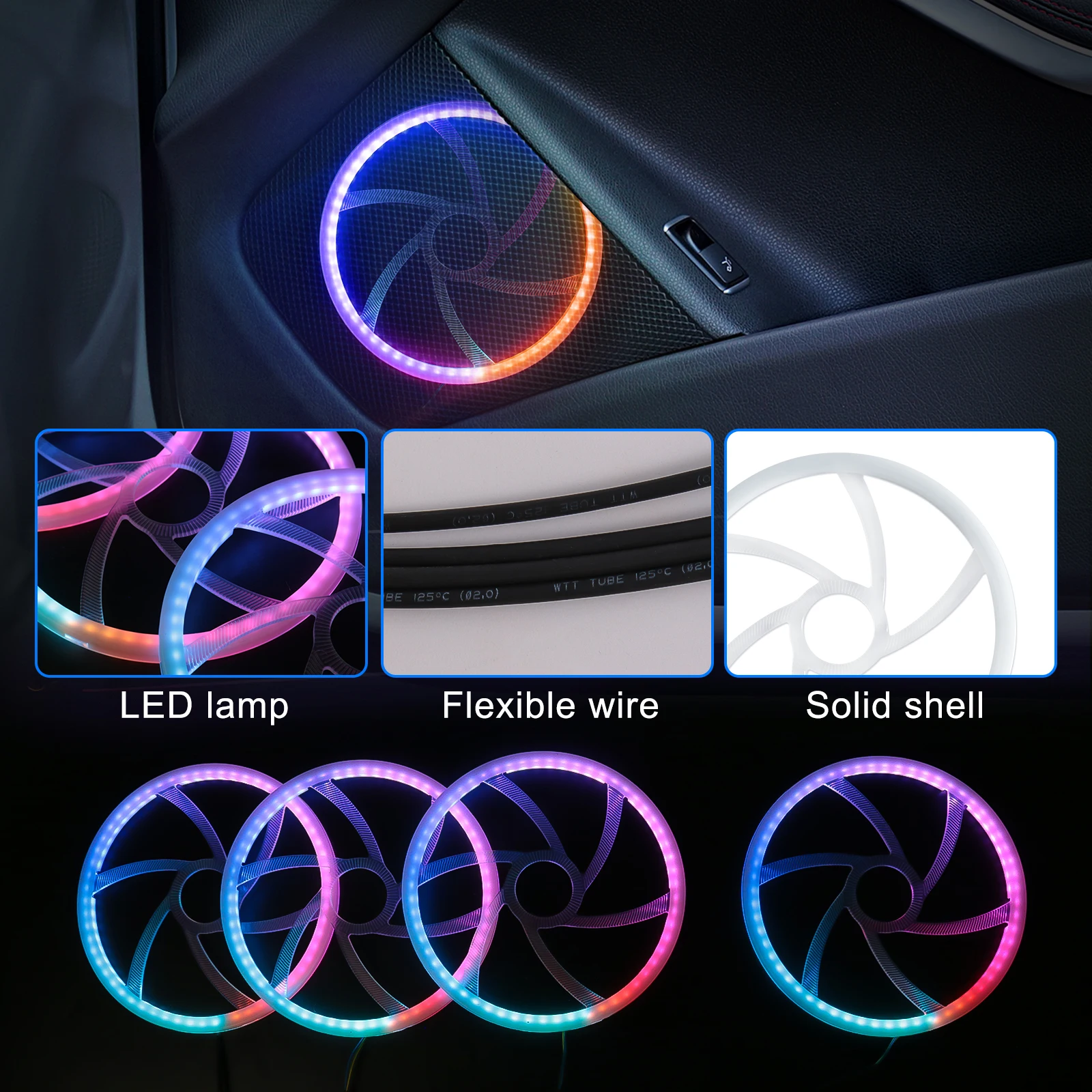 심포니 RGB 자동차 주변 경적 조명, LED 오디오 후드, 64 색 인테리어 장식, 분위기 램프, 앱 제어 액세서리, 5.9 인치
