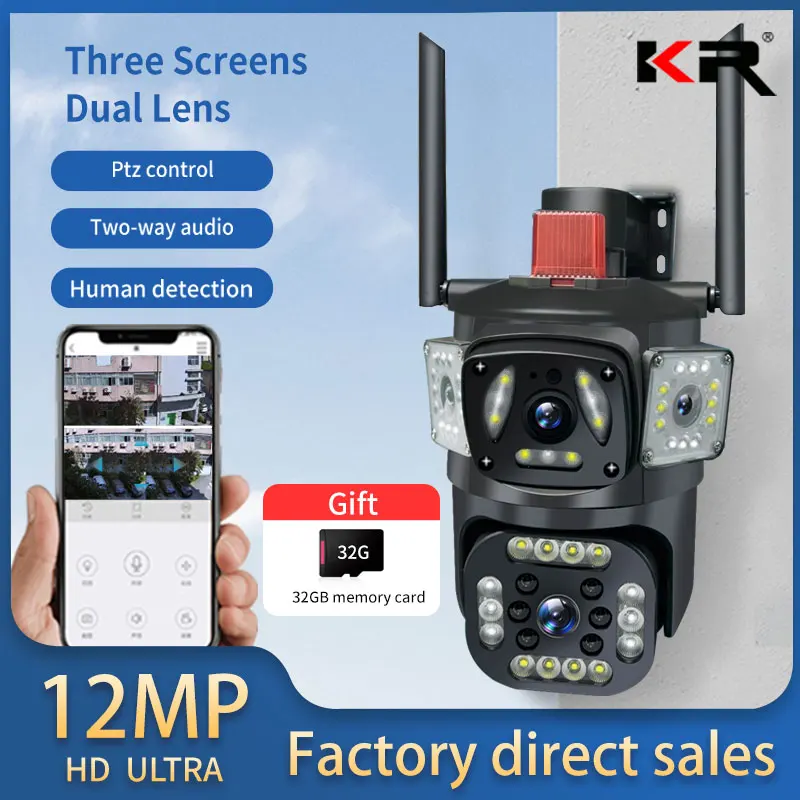 PTZ 와이파이 듀얼 렌즈 스크린 카메라, 야외 3 개 스크린, 동작 감지, 야외 IP CCTV 생존 카메라, 12MP, 6K title=PTZ 와이파이 듀얼 렌즈 스크린 카메라, 야외 3 개 스크린, 동작 감지, 야외 IP CCTV 생존 카메라, 12MP, 6K 