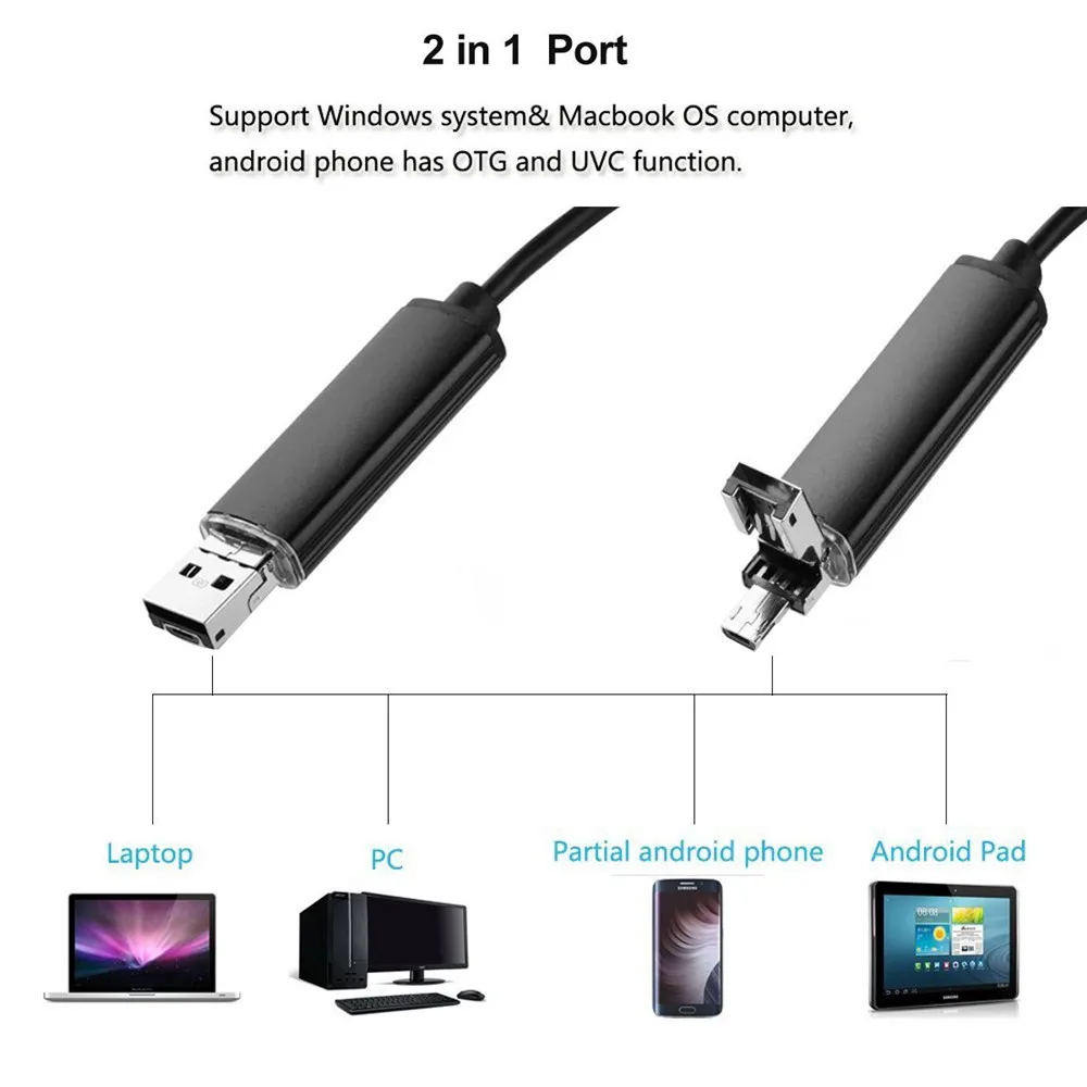 CMOS 보어스코프 검사 검이경 카메라, 안드로이드 및 컴퓨터 디지털 현미경용, USB 8mm, 2MP, 1080P, 3in 1
