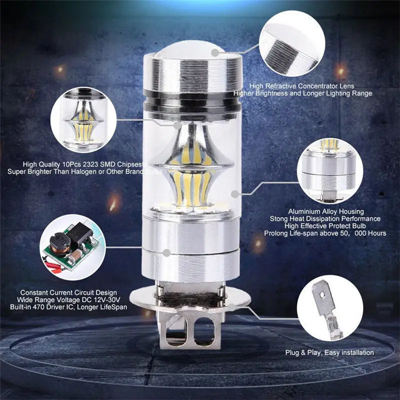 H3 LED 안개등 변환 키트 전구, 하이 로우 빔, 100W, 6000K, 슈퍼 화이트, 3000K, 자동 운전 헤드라이트, 하이 로우 12V, 24V, 신제품
