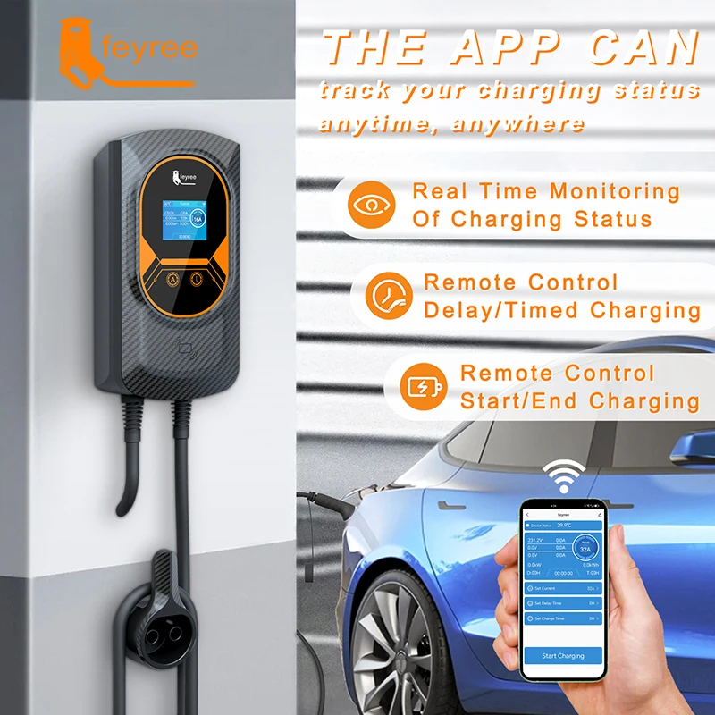 Feyree-EV 충전 스테이션 32A 전기차 충전기, EVSE 월박스 벽걸이 7.6/11/22KW 타입 2 케이블 IEC62196 앱 제어