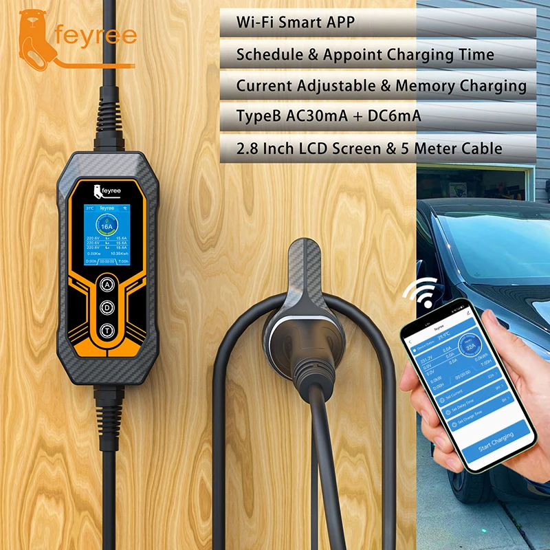 Feyree 타입 2 휴대용 EV 충전기, 11KW 16A, 3 상 Wi-Fi APP, 블루투스 버전, EVSE 충전 케이블, 5m, 전기 자동차용 CEE 플러그