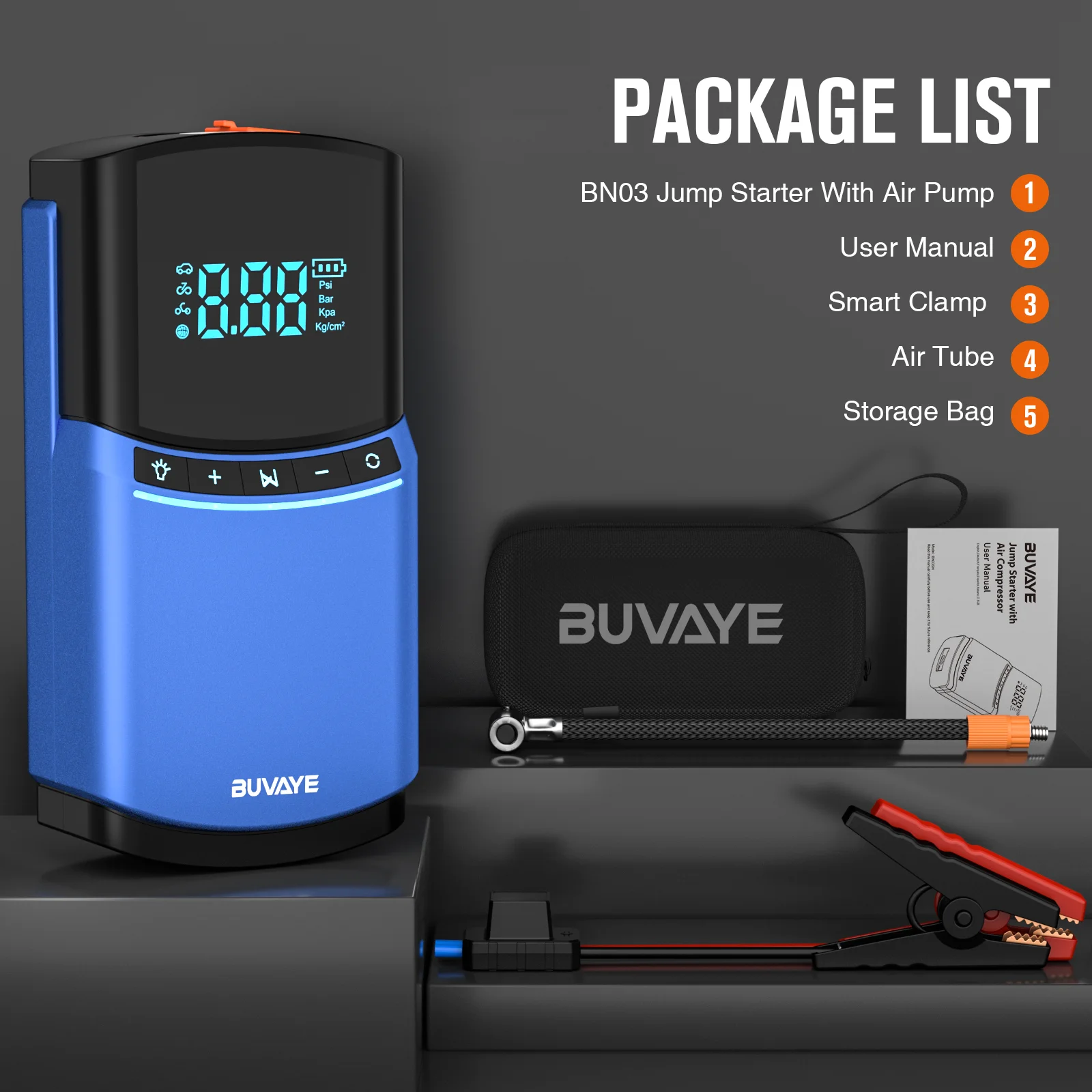 BUVAYE 자동차 점프 스타터 에어 펌프, 4 인 1, 150PSI, 공기 압축기, 10400mAh 피크 전류, 1000A 스타터 장치, 디지털 타이어 공기 주입