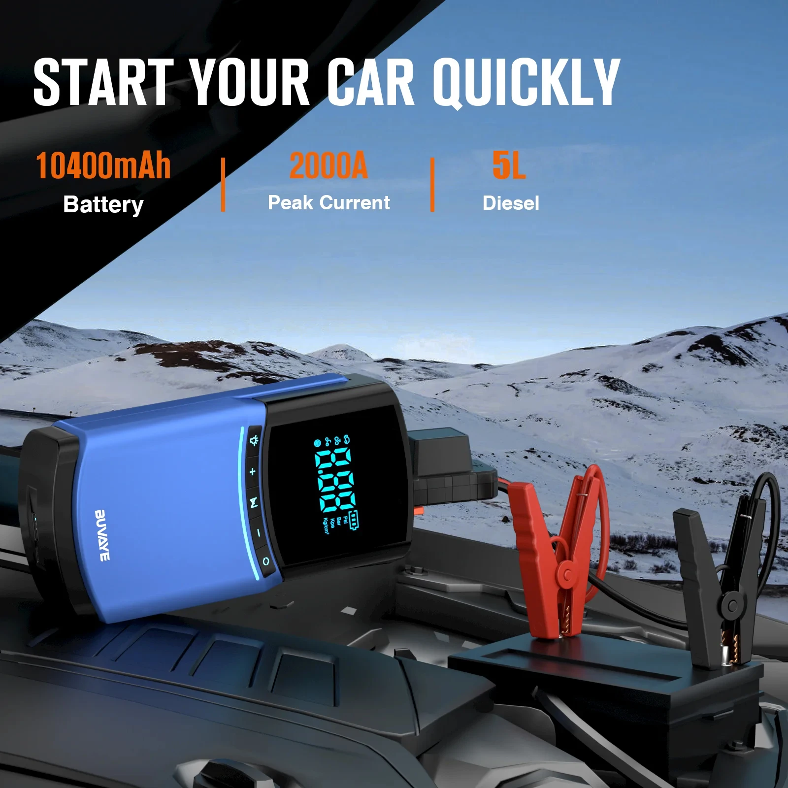 BUVAYE 자동차 점프 스타터 에어 펌프, 4 인 1, 150PSI, 공기 압축기, 10400mAh 피크 전류, 1000A 스타터 장치, 디지털 타이어 공기 주입