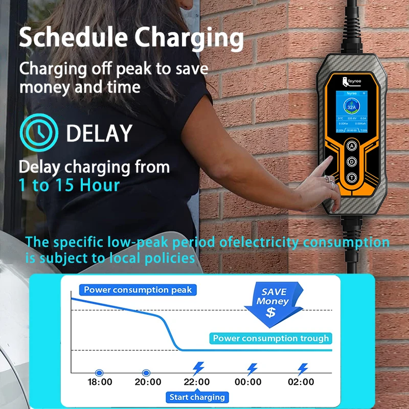 Feyree 휴대용 EV 충전기 타입 2, 32A, 7KW, EVSE, 와이파이 앱 제어, 조정 가능한 전류, 스마트 타이밍 충전, 가정 및 야외용