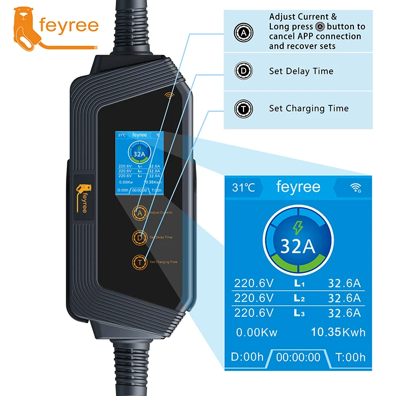 Feyree 전기 자동차 충전기용 휴대용 EV 충전기, 와이파이 앱 제어, EVSE 충전 박스 충전 스테이션, 22KW, 32A, 3 상 타입 2