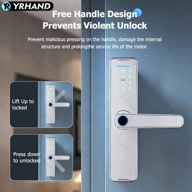 YRHAND 투야 와이파이 실버 페카두라 전자 디지털 생체 지문 잠금 장치 앱, 원격 방수 스마트 문짝 잠금 장치