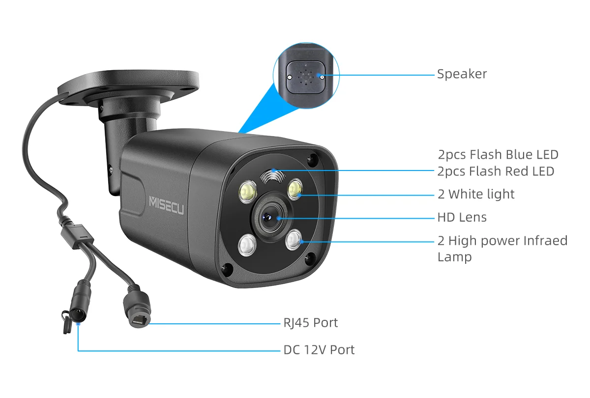 MISECU POE 보안 시스템 야외 얼굴 감지 스마트 4K 레드 블루 알람, H.265 CCTV 레코드 감시 보호 키트, 8CH, 8MP, P2P