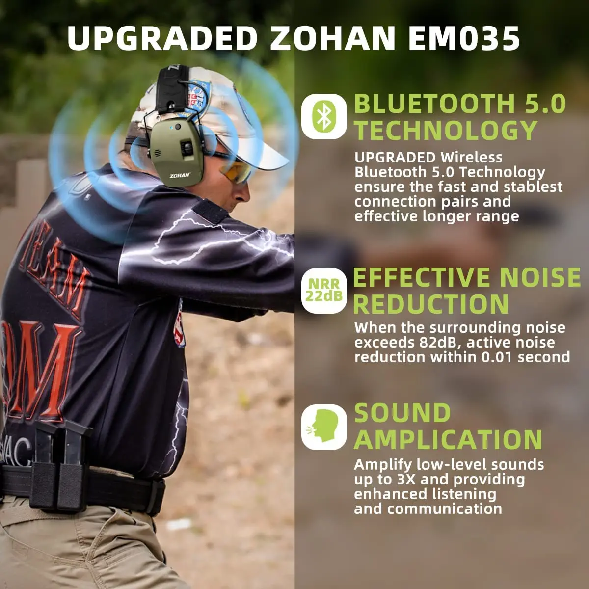 ZOHAN-전자 귀마개, 블루투스 5.0, 촬영 귀 보호, 액티브 노이즈 캔슬링 보호, 사냥 청력 nr22db
