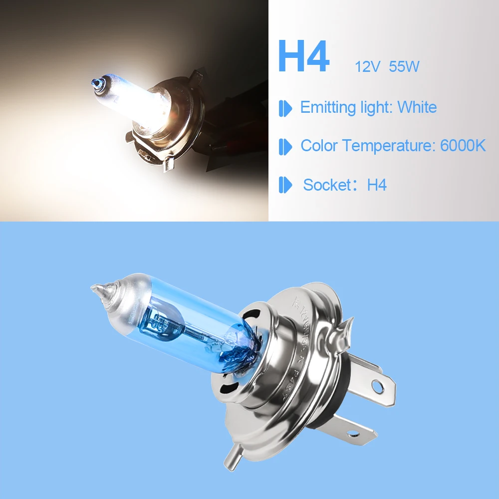 차량용 할로겐 전구, 하이 로우 빔, 9003 슈퍼 제논 화이트 6000K 헤드라이트 램프, H4 60 55W, 12V, P43T