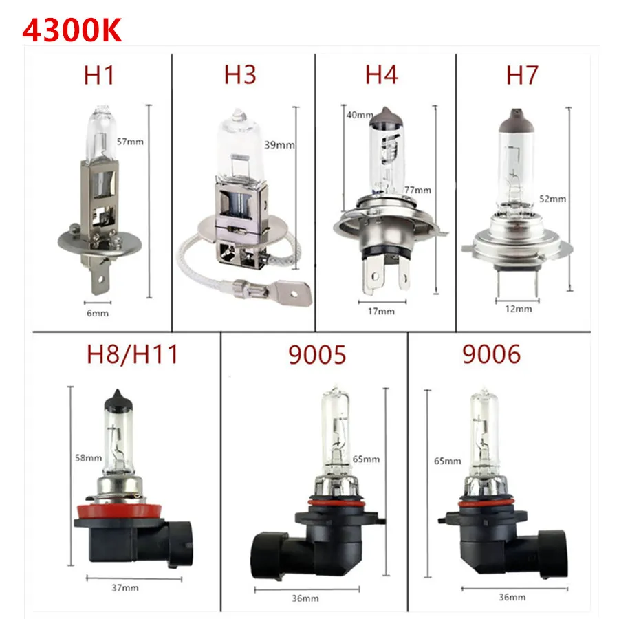 차량용 할로겐 전구 안개 전조등 램프, H1 H3 H4 H7 H8 H9 H11 9005 HB3 9006 HB4, 55W 100W 12V 4300K 6000K