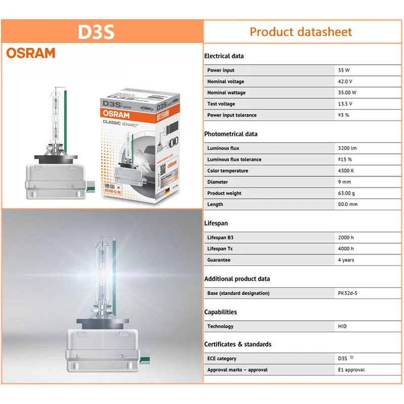OSRAM 66240 66340 66440 CLC 제논 HID 클래식 오리지널 자동차 헤드라이트, 4200K 표준 백색광, D1S D2S D3S D4S 66140, 2 개