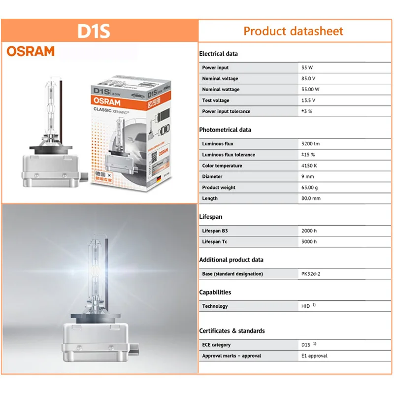 OSRAM 66240 66340 66440 CLC 제논 HID 클래식 오리지널 자동차 헤드라이트, 4200K 표준 백색광, D1S D2S D3S D4S 66140, 2 개