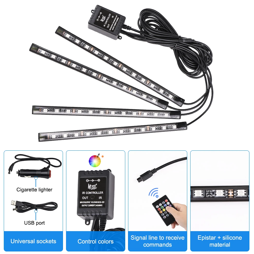 LED 자동차 인테리어 장식 풋 램프 스트립, USB 무선 원격 음악 앱 제어, 자동 RGB 분위기 조명, 네온 36 48 72