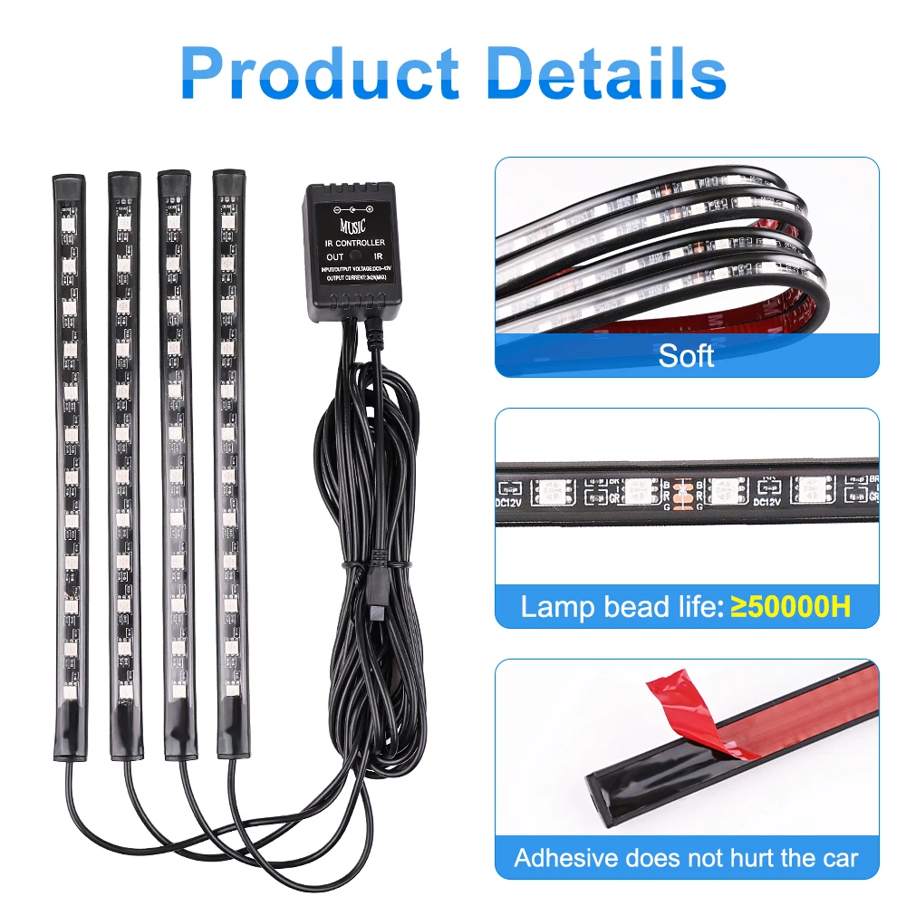 LED 자동차 인테리어 장식 풋 램프 스트립, USB 무선 원격 음악 앱 제어, 자동 RGB 분위기 조명, 네온 36 48 72