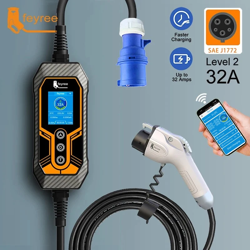 Feyree 휴대용 EV 충전기 월박스 타입 1 j1772 소켓, 32A 7KW, 1 상 앱 제어, EVSE 전기 자동차용 휴대용 충전 박스 title=Feyree 휴대용 EV 충전기 월박스 타입 1 j1772 소켓, 32A 7KW, 1 상 앱 제어, EVSE 전기 자동차용 휴대용 충전 박스