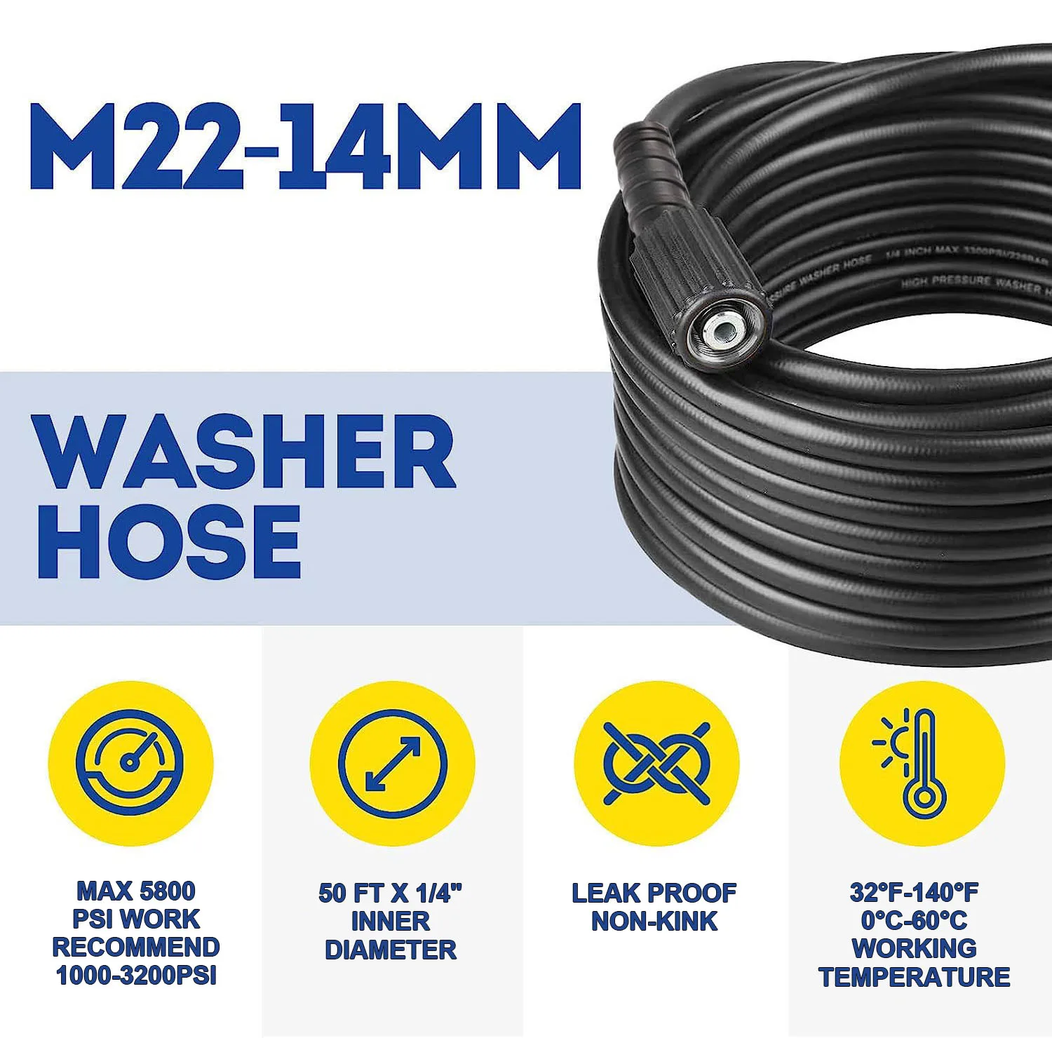 고압 와셔 호스 익스텐션, Kink Free M22, Karcher Ryobi Generac Sun Joe AR Blue Greenworks, 2300 PSI, 50 FT, 14mm, 15mm