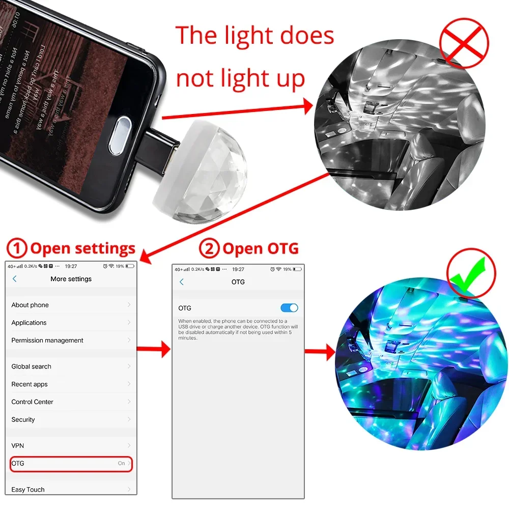자동차 자동 USB DJ RGB 미니 다채로운 음악 사운드 LED USB-C, IOS 홀리데이 파티 가라오케 분위기 램프, 5V 볼 레이저 라이트, 1X