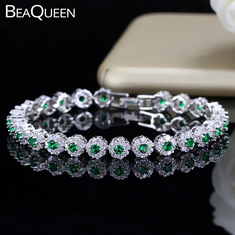 BeaQueen-트렌디 그린 화이트 큐빅 지르코니아 스톤 실버 컬러 테니스 팔찌, 여성을 위한 드레스 주얼리 액세서리 선물 B100 title=BeaQueen-트렌디 그린 화이트 큐빅 지르코니아 스톤 실버 컬러 테니스 팔찌, 여성을 위한 드레스 주얼리 액세서리 선물 B100 