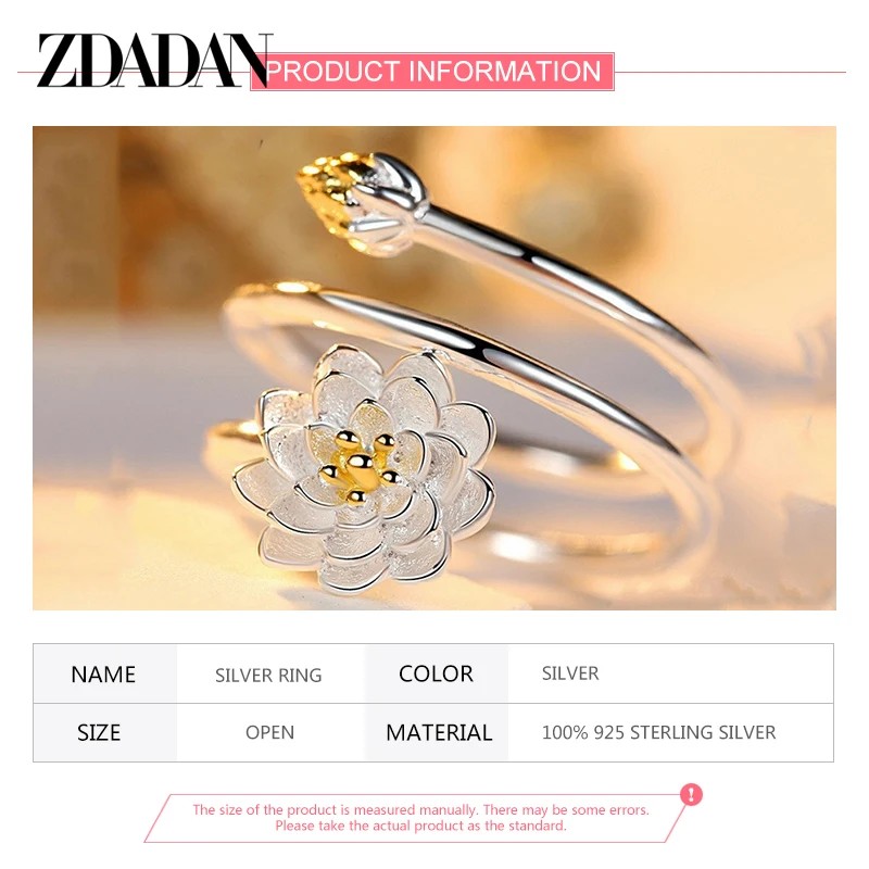 ZDADAN-925 스털링 실버 여성용 로터스 반지, 오픈 조절 가능한 손가락 반지, 주얼리 선물