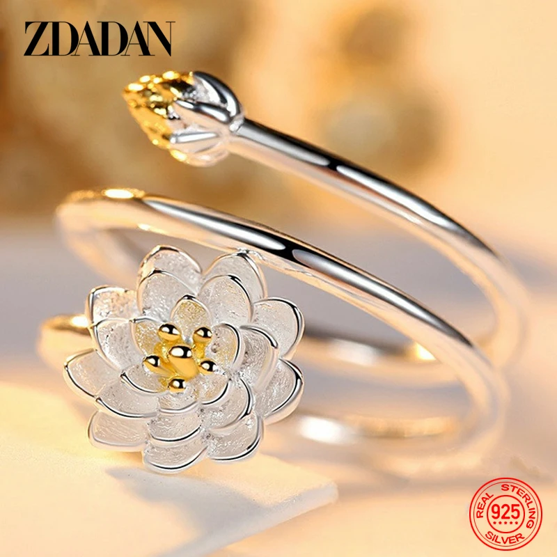 ZDADAN-925 스털링 실버 여성용 로터스 반지, 오픈 조절 가능한 손가락 반지, 주얼리 선물 title=ZDADAN-925 스털링 실버 여성용 로터스 반지, 오픈 조절 가능한 손가락 반지, 주얼리 선물 