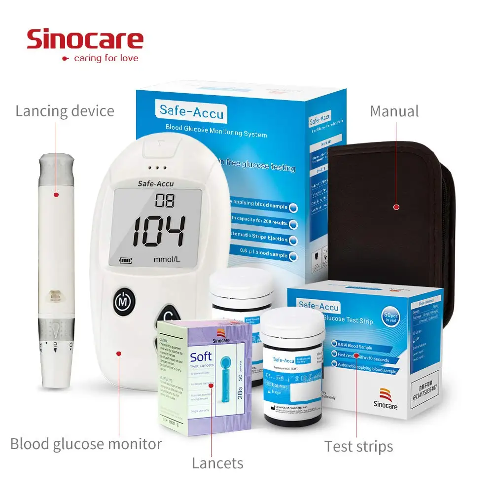 Sinocare Safe-Accu 혈당 계량기 키트, 당뇨병 테스터, 50/100 테스트 스트립, 란셋 의료용 혈당 모니터