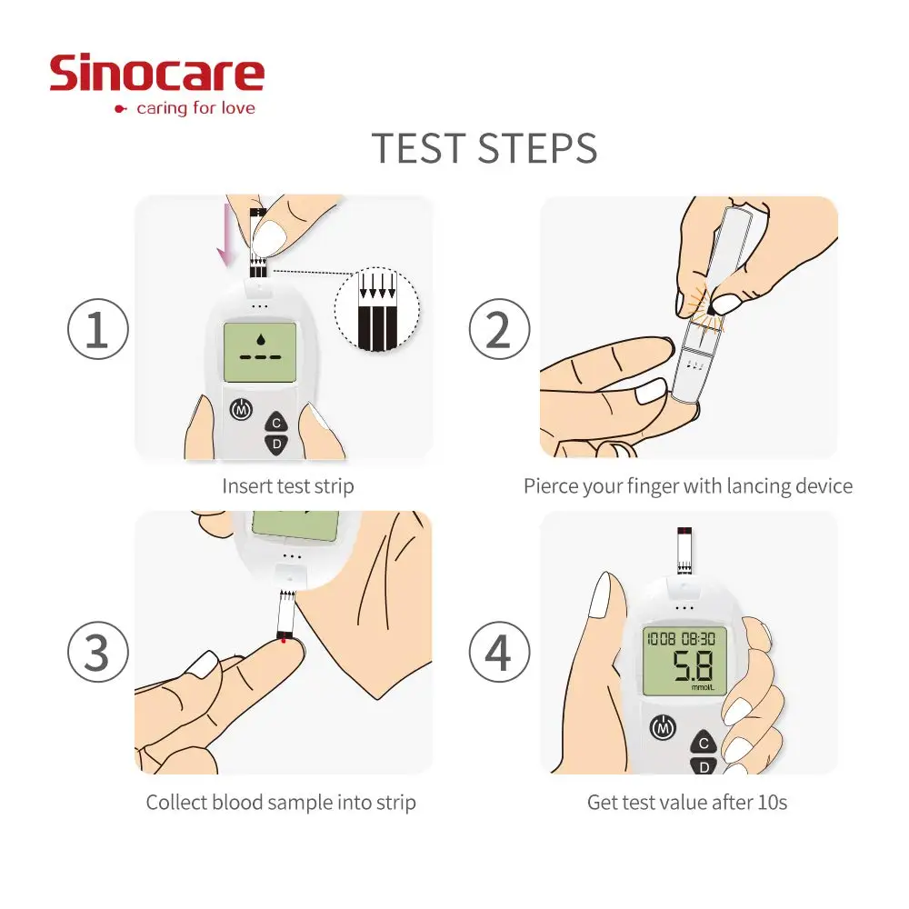 Sinocare Safe-Accu 혈당 계량기 키트, 당뇨병 테스터, 50/100 테스트 스트립, 란셋 의료용 혈당 모니터