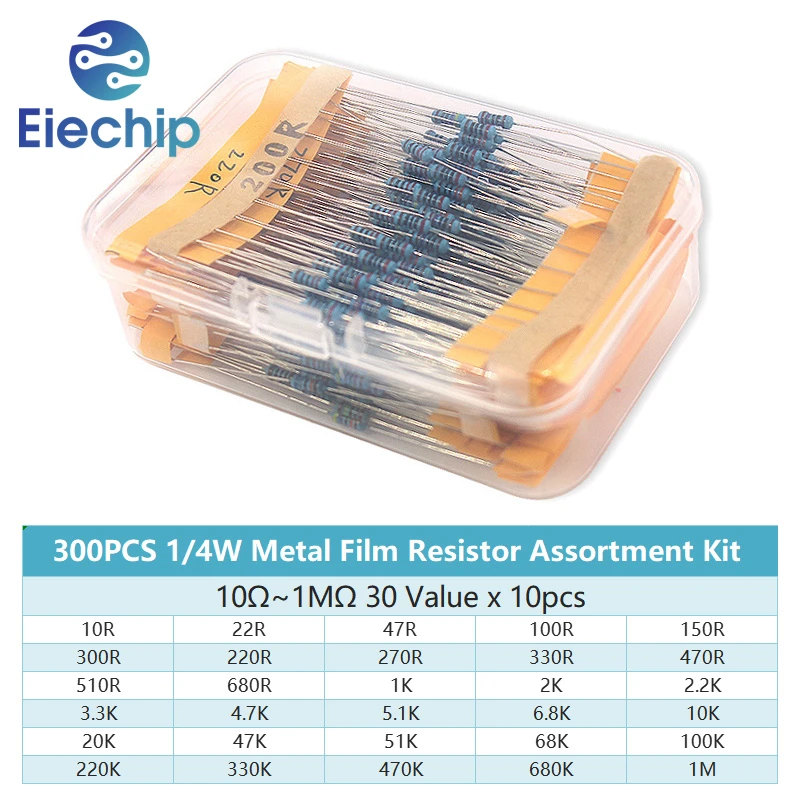 300/600pcs 1/4w 금속 필름 저항기 30 값 저항 키트 10R-1M 0.25W 1% 저항기 세트