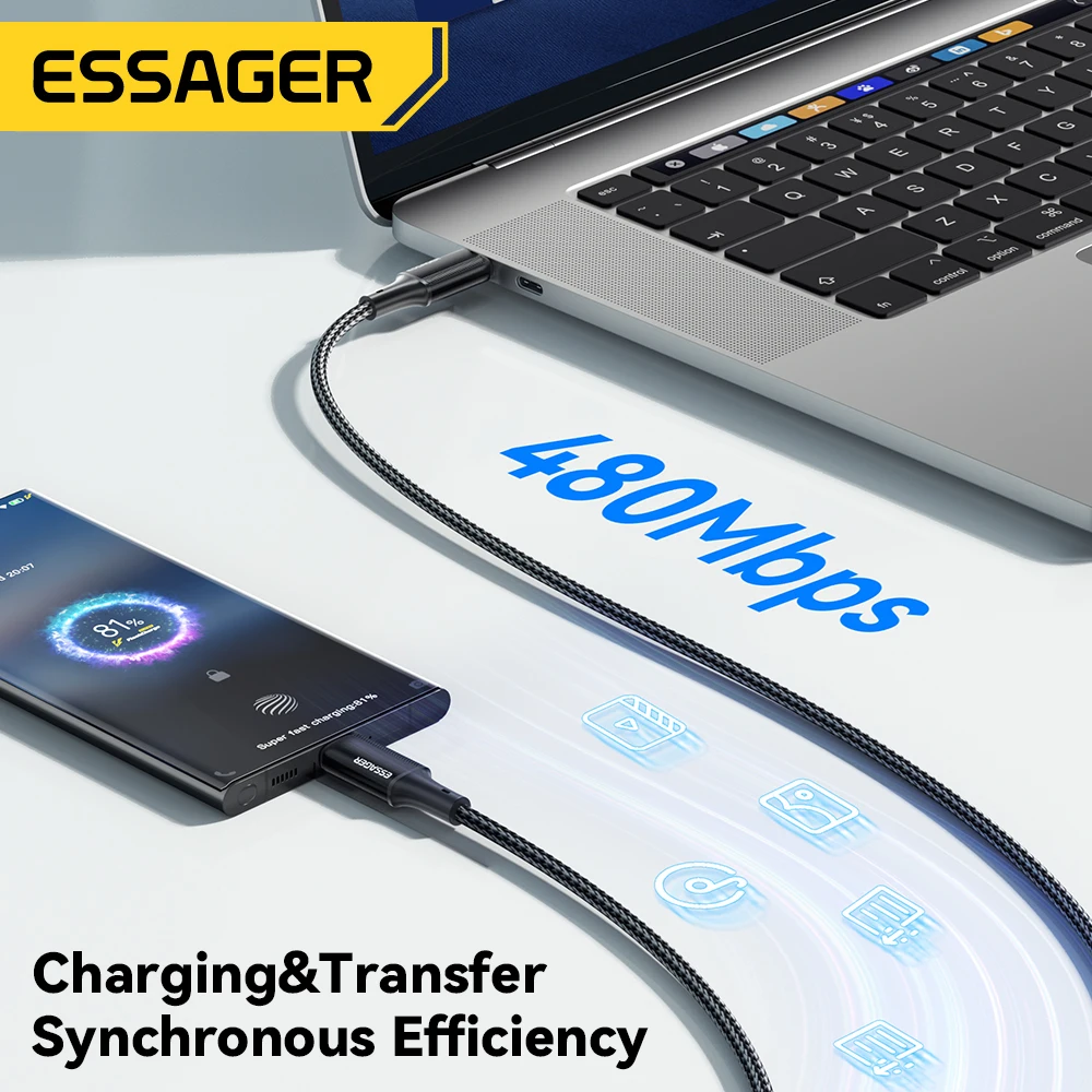 Essager PD USB C타입 to C타입 케이블, 고속 충전 휴대폰 케이블, 맥북 아이패드 원플러스 샤오미 아이폰 15 용, 100W, 5A