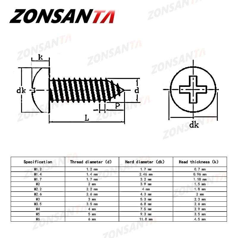 ZONSANTA-M1.4 M1.7 M2 M2.2 M2.6 M3 M3.5 M4 M5 M6 소형 304 스테인레스 스틸 크로스 필립스 팬, 원형 헤드 셀프 태핑 나사