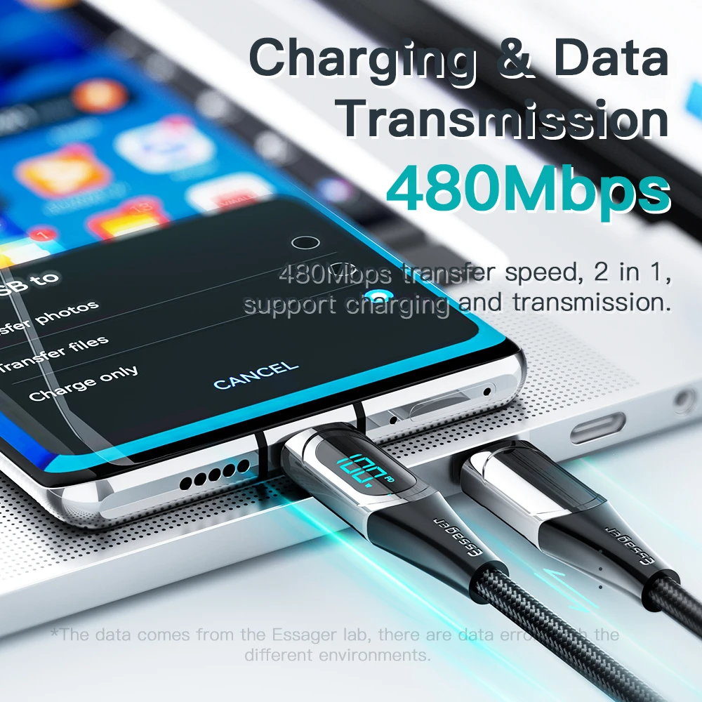 Essager-USB 타입 C To USB C 케이블 100W/5A PD 고속 충전 충전기, 맥북 샤오미 삼성 Type-C USBC 케이블 2M