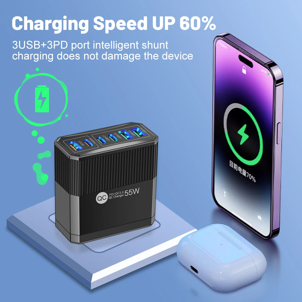 한국 플러그 55W 고속 충전 6 포트 USB C 타입 벽 충전기, 삼성 A23 S23 아이폰 14 프로 맥스 샤오미 KR용 충전기