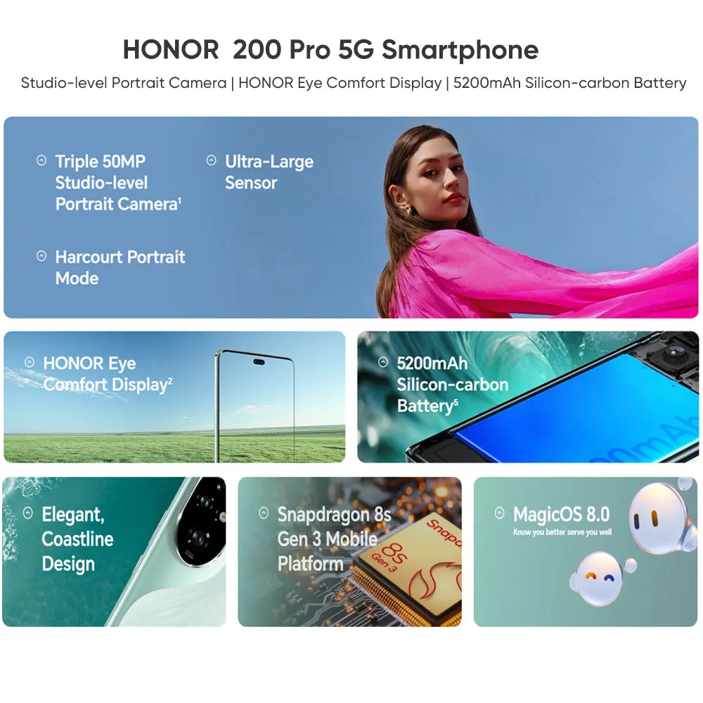 2024 글로벌 버전 HONOR 200 프로 스마트폰, 스냅드래곤 8s 3 세대 5G, 6.78 인치, 120Hz AMOLED 디스플레이, 지지대 HONOR 100W 슈퍼차지