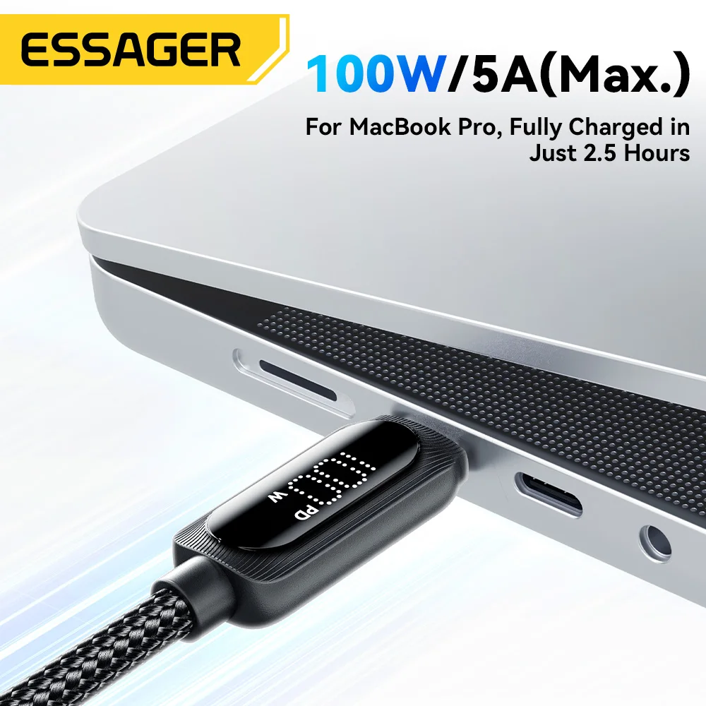 Essager USB C 타입 to USB C 케이블, 고속 충전 와이어 코드, 맥북, 샤오미, 삼성, C타입 디지털 디스플레이 케이블, 3M, 100W, 5A PD