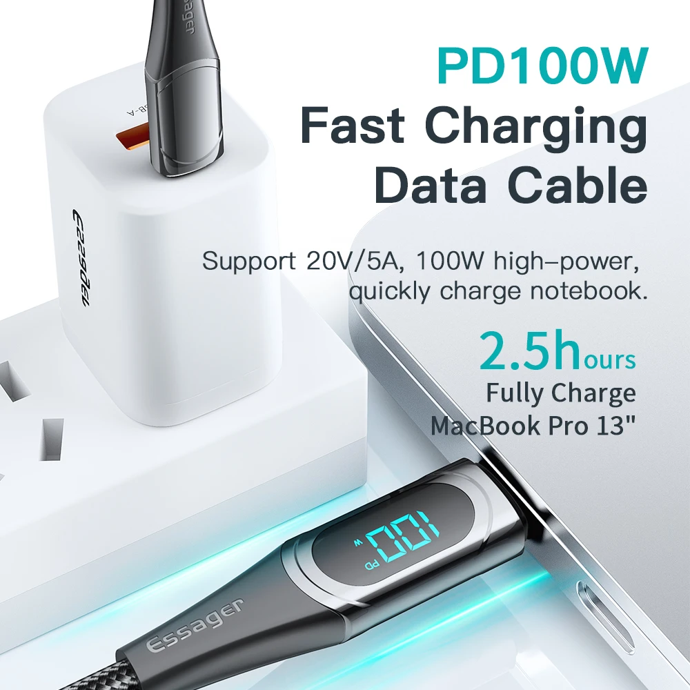 Essager-USB 타입 C To USB C 케이블 100W/5A PD 고속 충전 충전기, 맥북 샤오미 삼성 Type-C USBC 케이블 2M