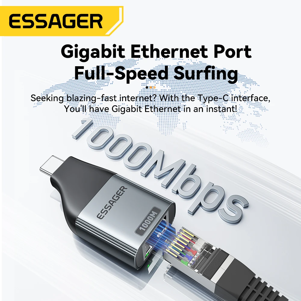 Essager C타입-이더넷 어댑터, 맥북 노트북 유선 네트워크 카드용, 고속 RJ45-C타입 어댑터, 100 Mbps, 1000Mbps 기가비트