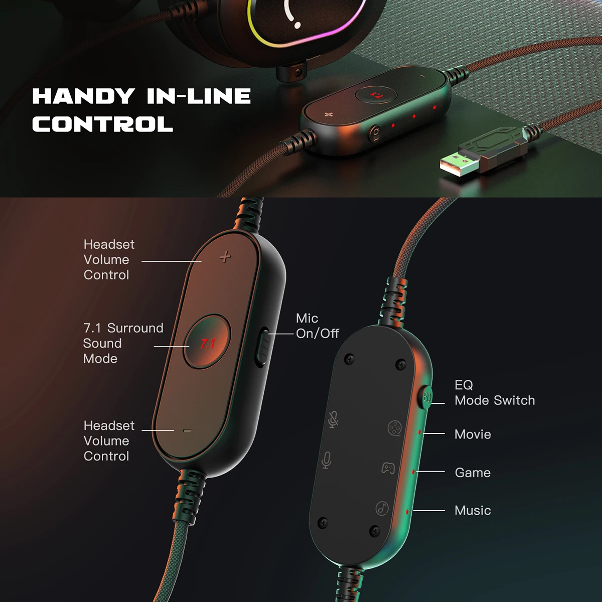 Fifine 다이나믹 RGB 게이밍 헤드셋, 마이크 달린 오버 이어 헤드폰. 3 EQ 옵션, 게임, 영화, 음악, 7.1 서라운드 사운드, PC, PS4 PS5