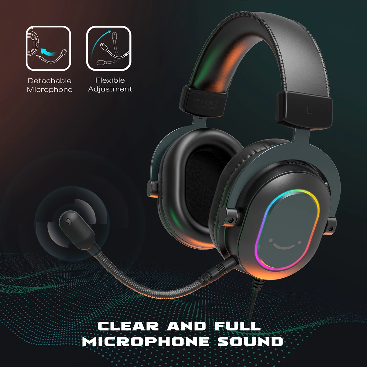 Fifine 다이나믹 RGB 게이밍 헤드셋, 마이크 달린 오버 이어 헤드폰. 3 EQ 옵션, 게임, 영화, 음악, 7.1 서라운드 사운드, PC, PS4 PS5