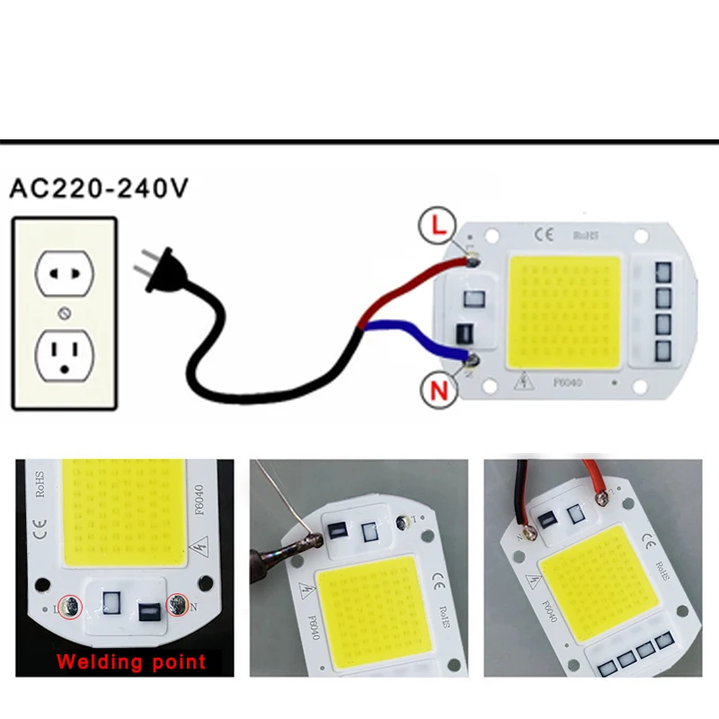 COB LED 램프 칩 AC 220V LED 전구, 10W 20W 30W 50W IP65 고출력 스마트 IC DIY 투광 조명 전구 스포트라이트 야외 칩 램프