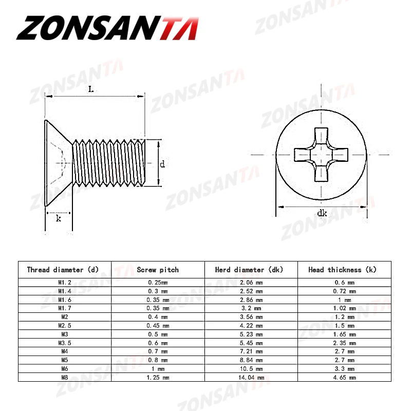 ZONSANTA-M1.6 M2 M2.5 M3 M4 M5 M6 미니 마이크로 소형 304 스테인레스 스틸, 크로스 필립스 플랫 볼트 카운터 싱크 헤드 가구 나사