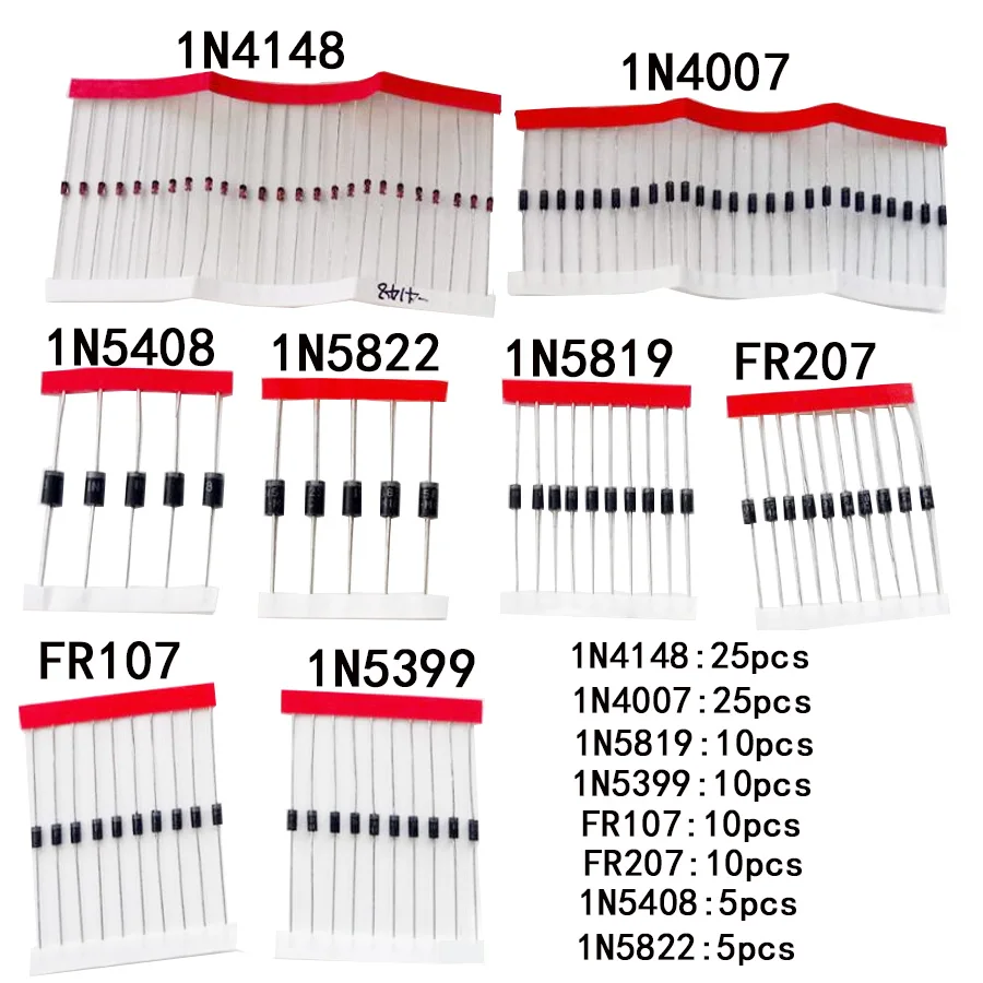 고속 스위칭 쇼트키 다이오드 키트 세트, 전자 부품, 1N4148 1N4007 1N5819 1N5399 1N5408 1N5822 FR107 FR207,8 값 = 100 개 title=고속 스위칭 쇼트키 다이오드 키트 세트, 전자 부품, 1N4148 1N4007 1N5819 1N5399 1N5408 1N5822 FR107 FR207,8 값 = 100 개 