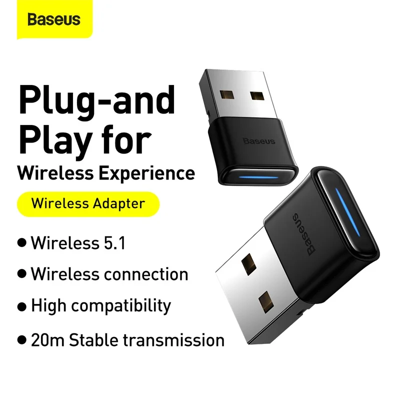 Baseus USB 블루투스 어댑터 블루투스 5.1 5.0 음악 오디오 수신기 송신기 PC 스피커 노트북 무선 마우스 USB 송신기