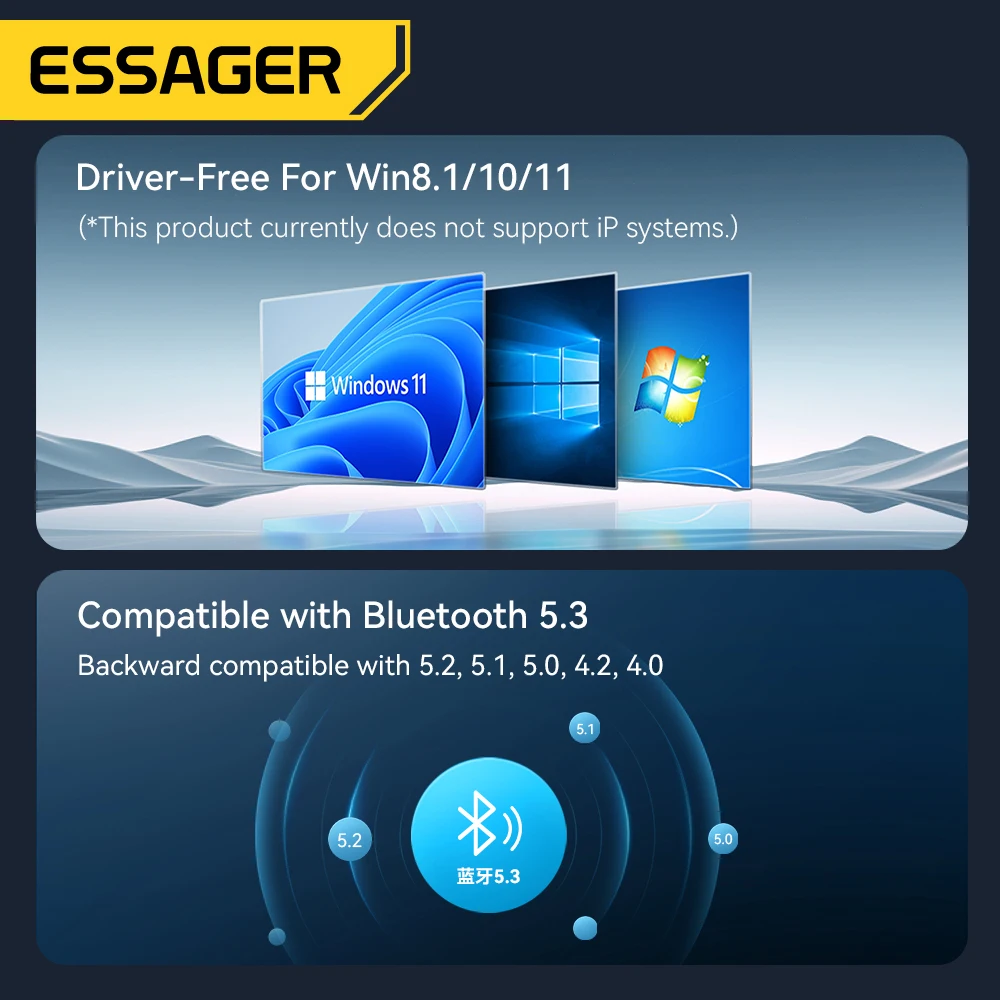 Essager USB 블루투스 어댑터 동글 블루투스 5.3, PC 노트북 스피커 오디오 리시버, 무선 마우스 키보드, USB 송신기