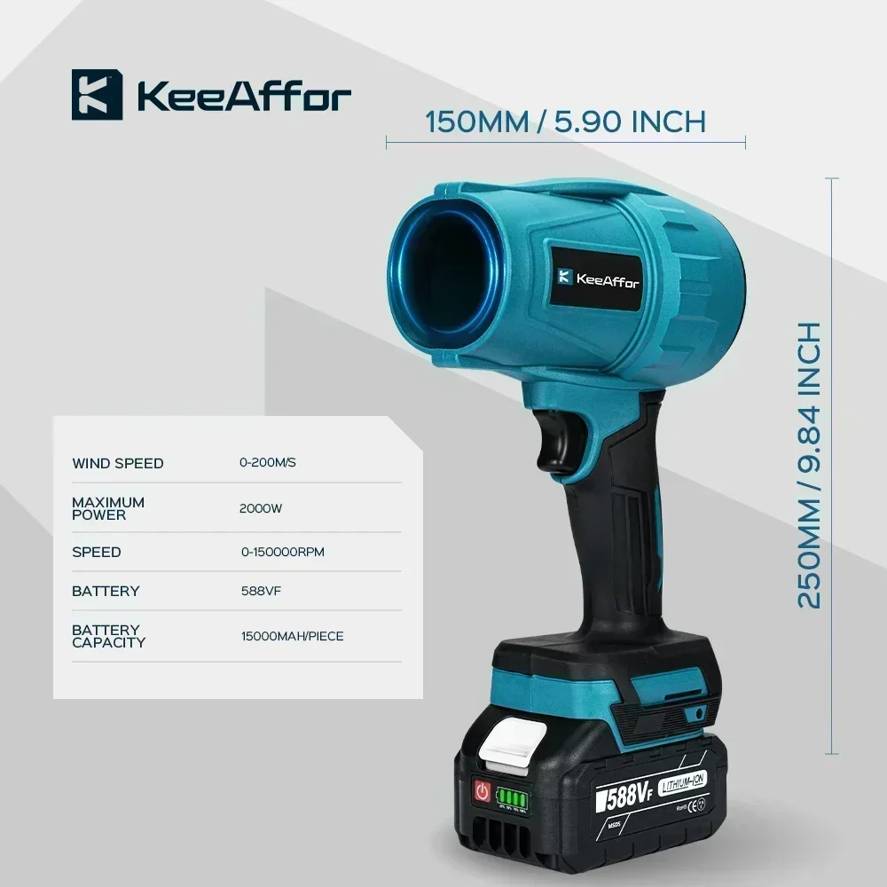 KEEAFOR 브러시리스 터보 제트 선풍기, 무선 전기 송풍기, 마키타 18V 배터리용 강력한 휴대용 전동 공구, 200 M/S, 2000W
