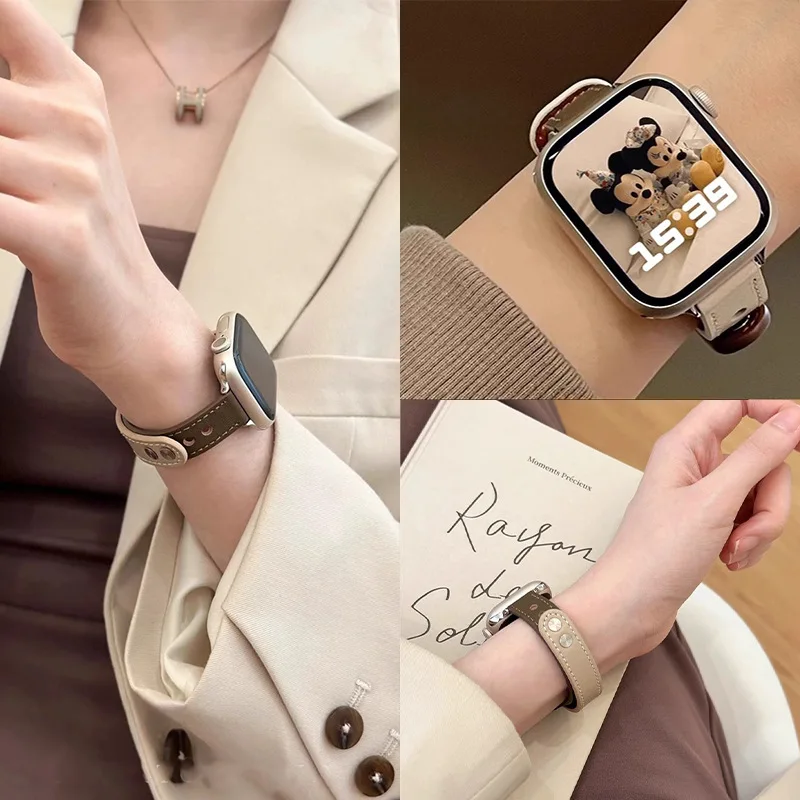 애플 워치 밴드용 얇은 가죽 스트랩, 여성용 워치 밴드 팔찌 벨트, iWatch 7 se 6 5 4, 10, 9, 8, 46mm, 42mm, 41mm, 44mm, 45mm, 38mm, 40mm