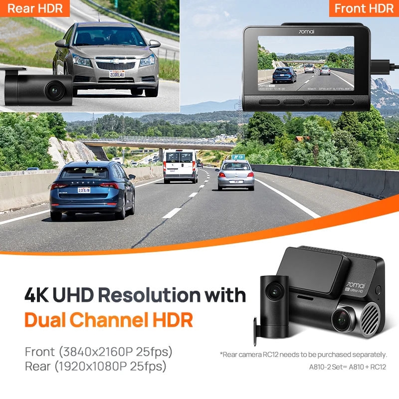 70mai 4K 대시 캠 A810 울트라 HD 내장 GPS ADAS 자동 레코드 150FOV 모션 감지 70mai A810 4G 자동차 DVR 지지대 후면 캠